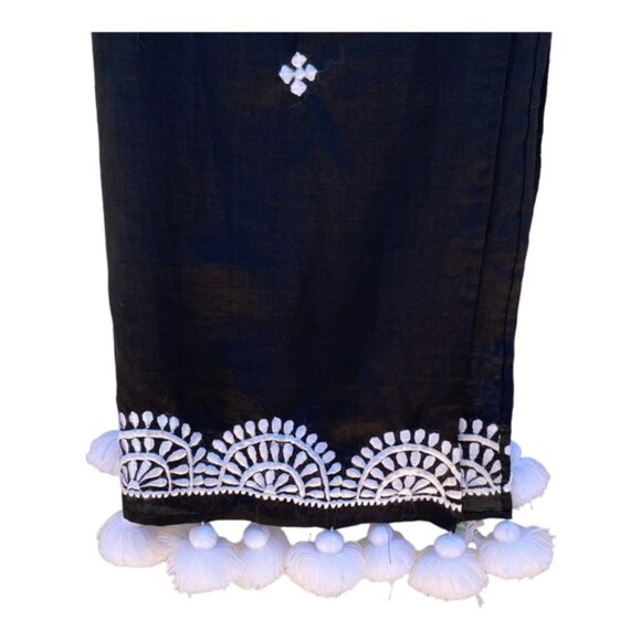 Black & White Embroidered Linen Blend Wrap/Shawl with Fringe Pom Pom's - Picture 7 of 12
